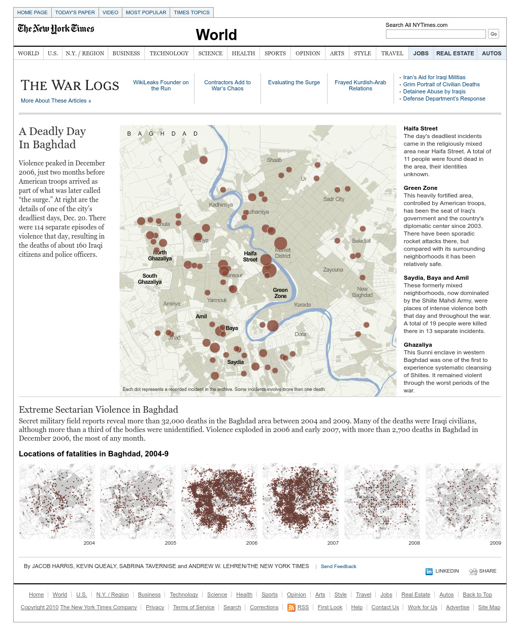 A diagram titled A Deadly Day in Baghdad. The top of it has a map in the center of Baghdad with circles of various sizes indicating deaths on a single day in that location. The date is December 20, 2006 when there were 114 incidents with 160 people killed. On the right of the map is information about several neighborhoods in Baghdad with particularly heavy violence. At the bottom of the diagram is a series of maps showing violence in Baghdad from 2004-2009 and it surging and then ebbing, with a large number of dots on the map for 2006 and 2007.